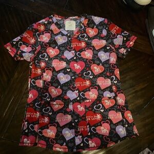 Dog is good- Heart Print Little Dog Big Love Scrub Top Size XS
